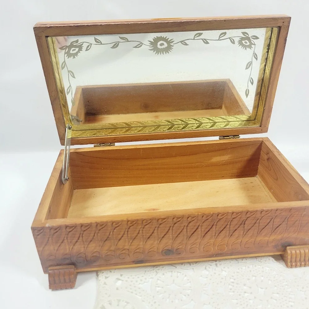 Vintage Carved Cedar Wood Jewelry Trinket Box With Mirror & Feet